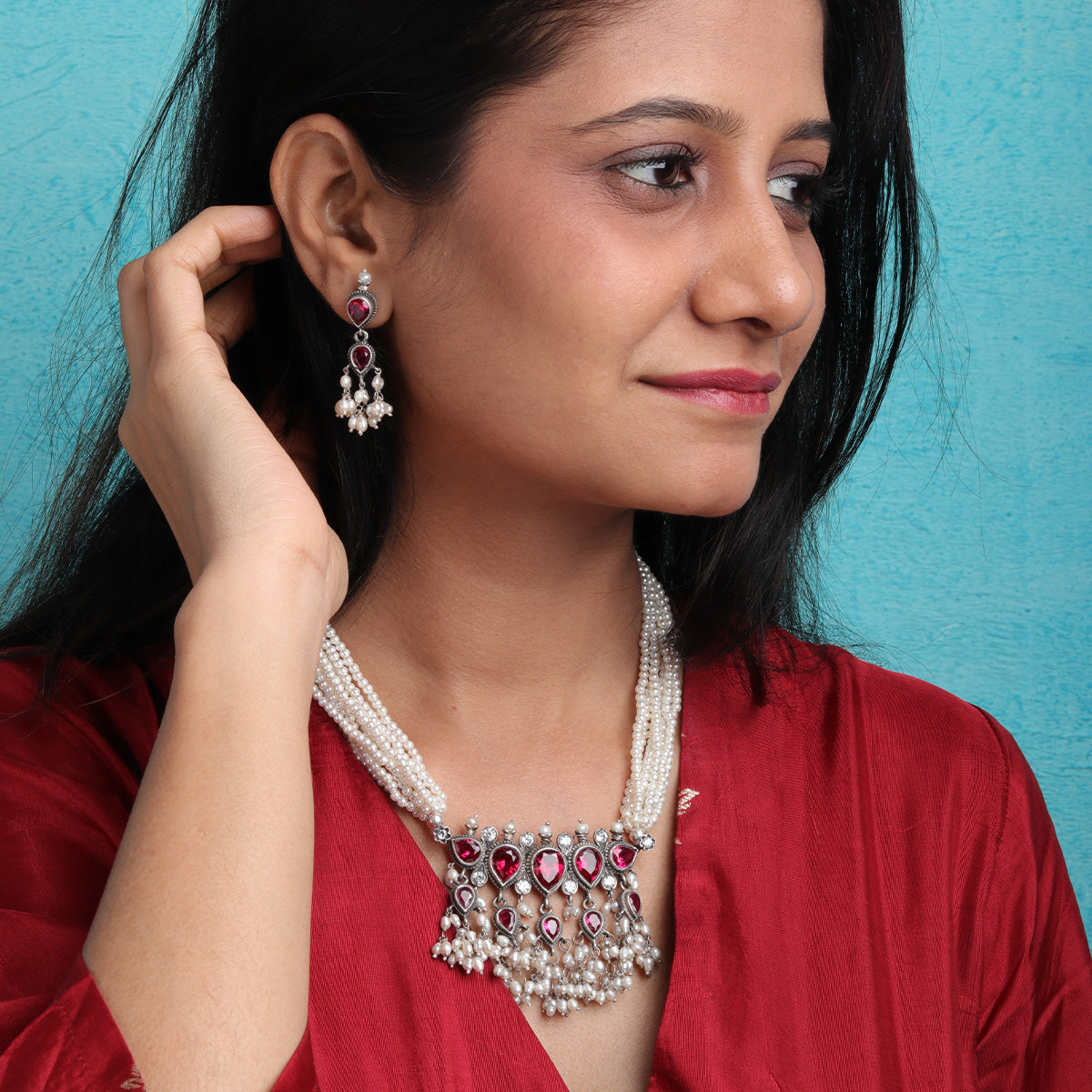 Maharashtrian Tanmani Silver Necklace (Pink) by Moha