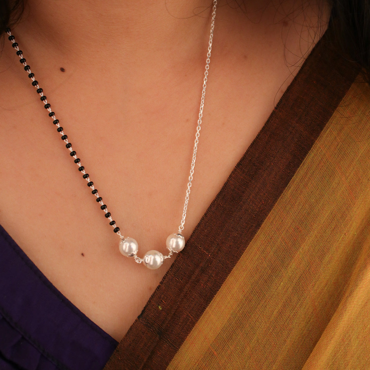 Moti Silver Mangalsutra with 3 Pearls by MOHA