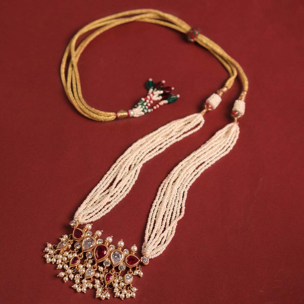 Maharashtrian Tanmani Silver Necklace (Pink & White) Gold Plated by Moha