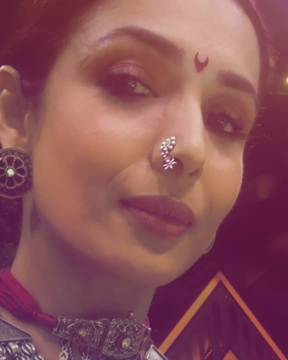 Maharashtrian Silver Nath/Nose Ring - Black, Pierced Left