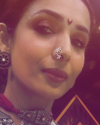 Maharashtrian Silver Nath/Nose Ring - Black, Pierced Left