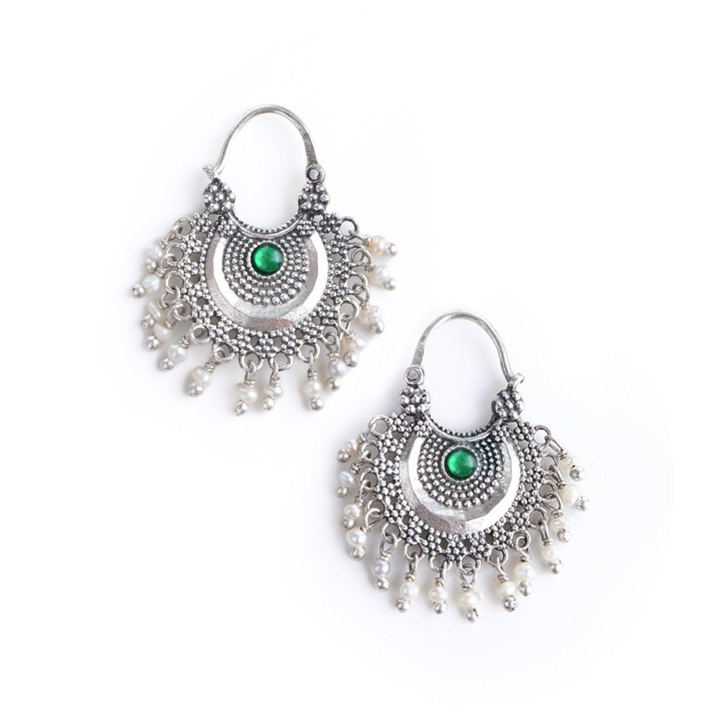 Chandbali Silver Bugadi/ Earrings (Pair, Blue & Green) By Moha