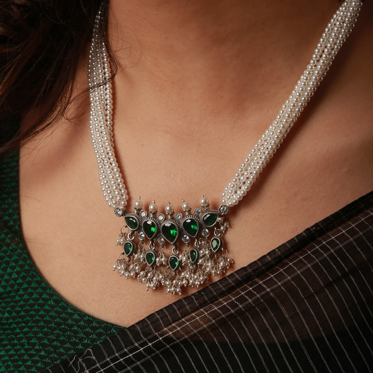 Maharashtrian Tanmani Silver Necklace (Green) by Moha