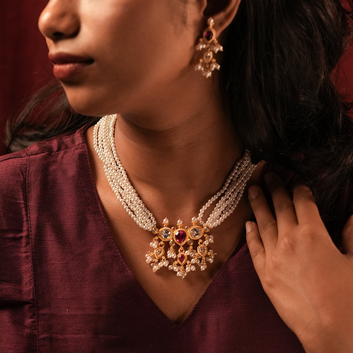 Maharashtrian Tanmani Silver Necklace (Pink & White stones) Gold Plated by Moha