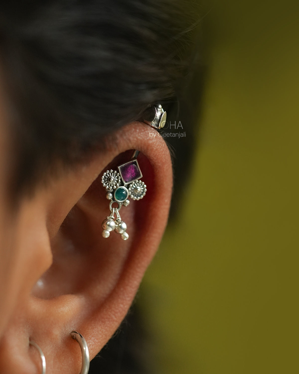 Bhumi silver bugadi pierced (Pink, Green) by Moha