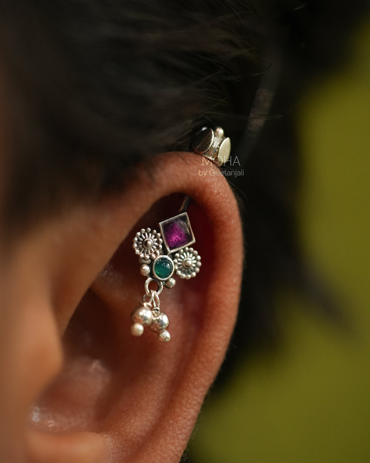 Bhumi silver bugadi pierced (Pink, Green) by Moha