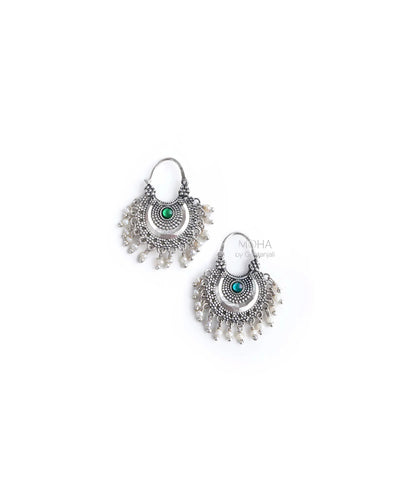 Chandbali Silver Bugadi/ Earrings (Pair, Blue & Green) By Moha
