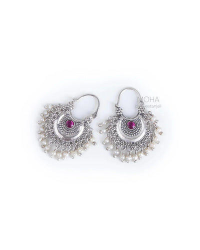 Chandbali Silver Bugadi/ Earrings (Pair, Pink) By Moha