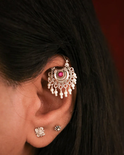 Chandbali (Small) Silver Bugadi/Earrings Pierced,(Pink & Green) By Moha