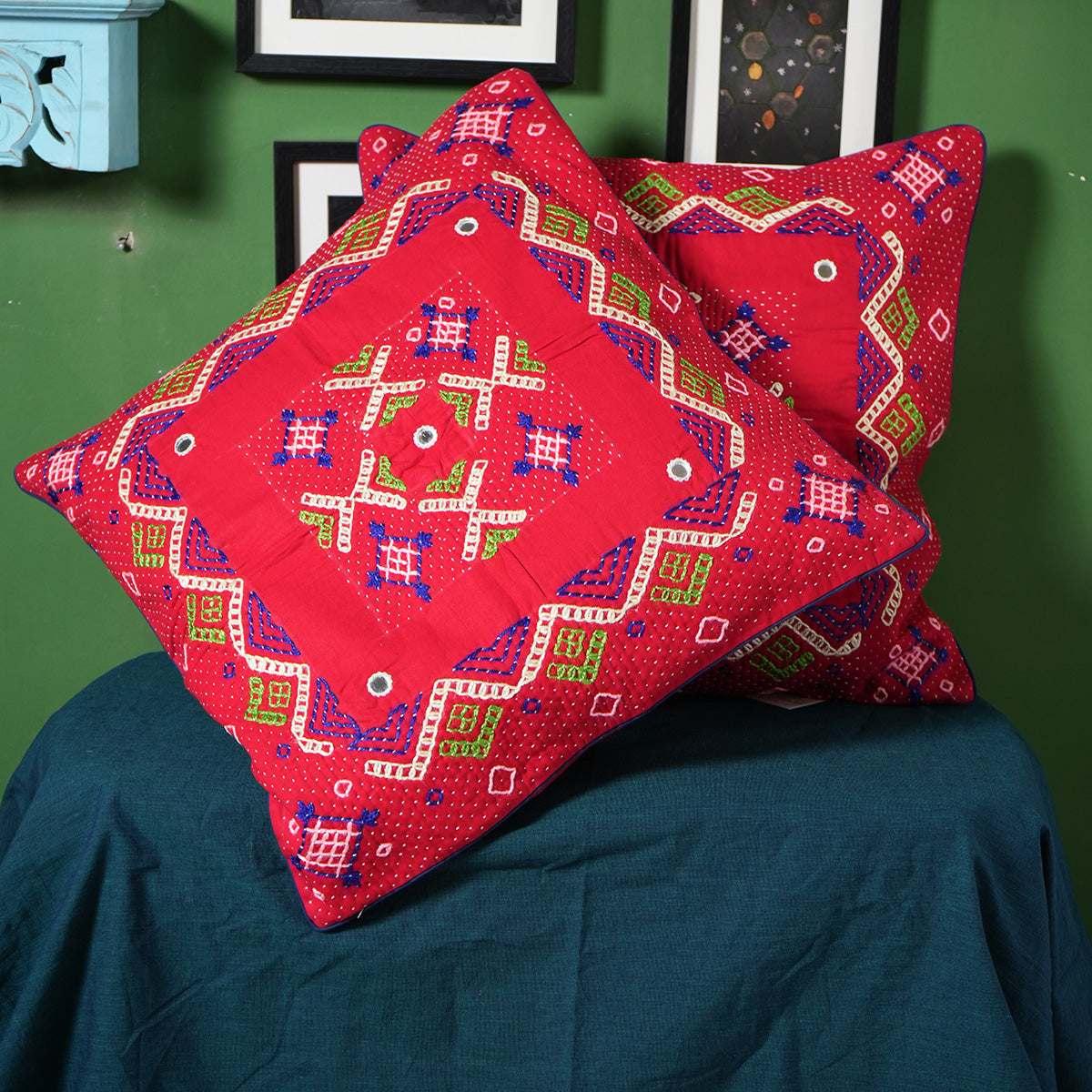 Chidiya cushion Cover (Red) by Kalbelia