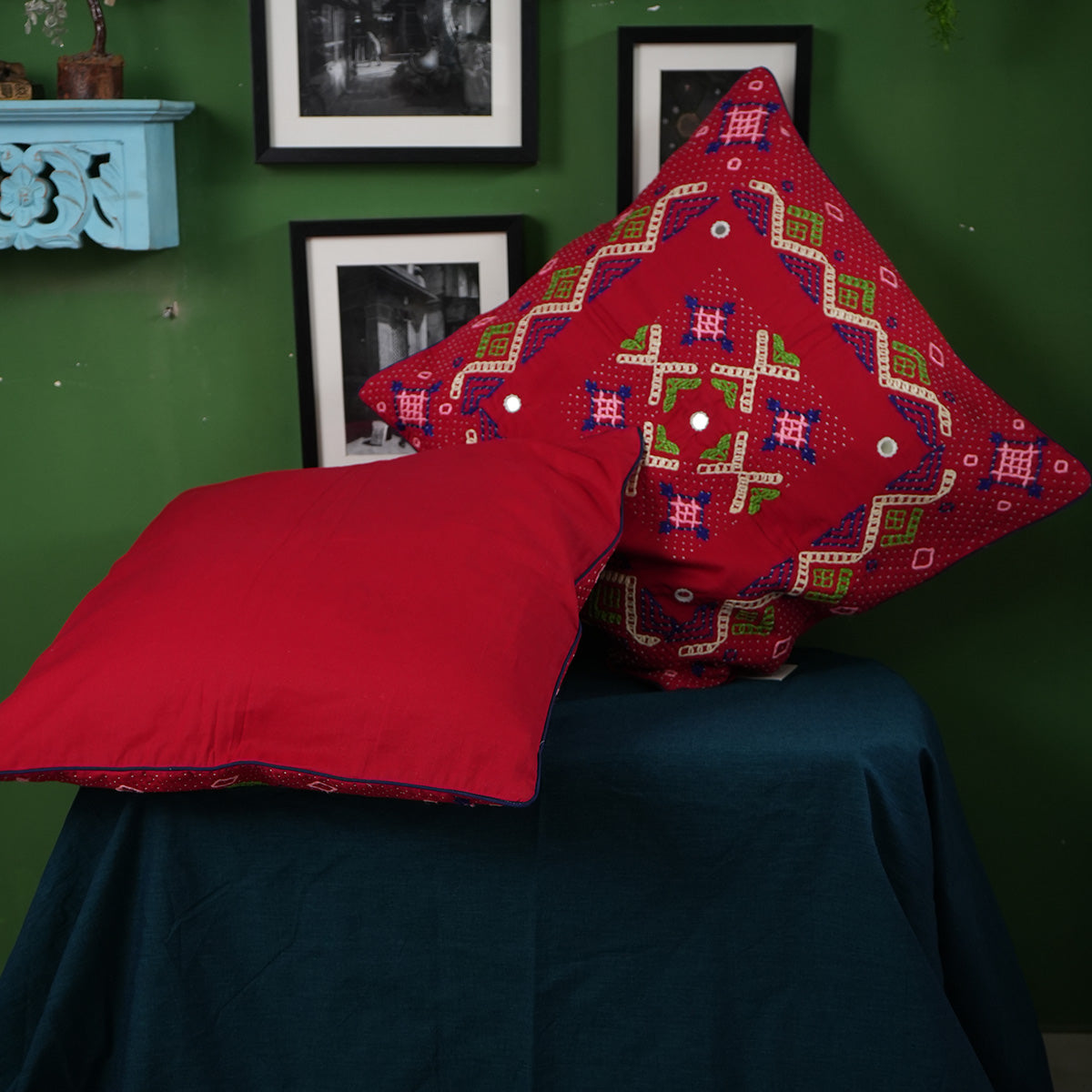 Chidiya cushion Cover (Red) by Kalbelia