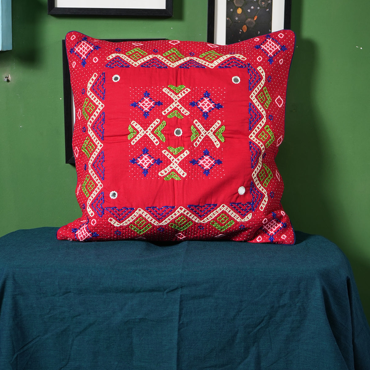 Chidiya cushion Cover (Red) by Kalbelia