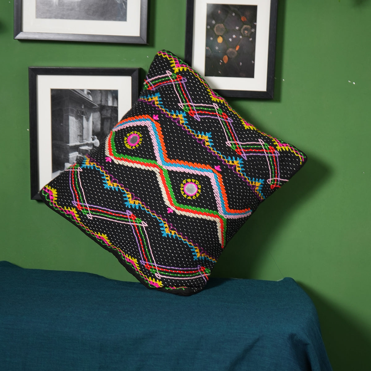 Damki Multicolour cushion Cover (Black) by Kalbelia