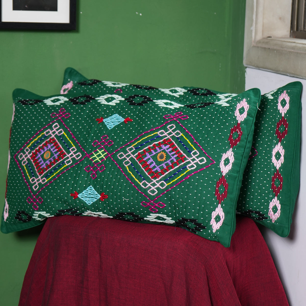 Hasti Pillow Covers (Green) by Kalbelia