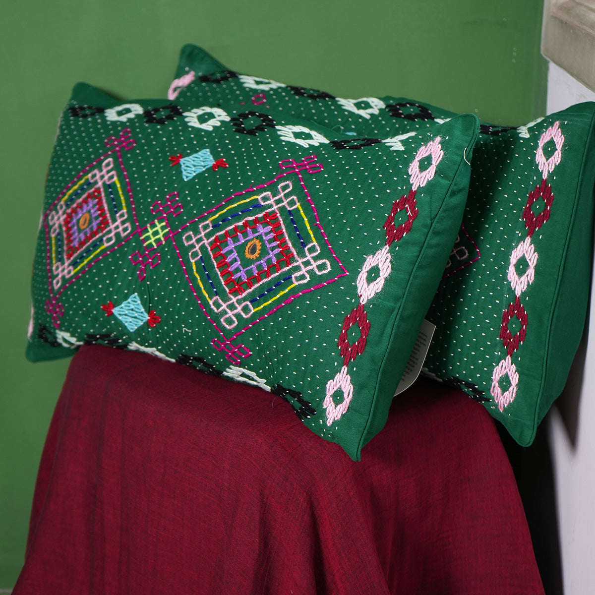 Hasti Pillow Covers (Green) by Kalbelia