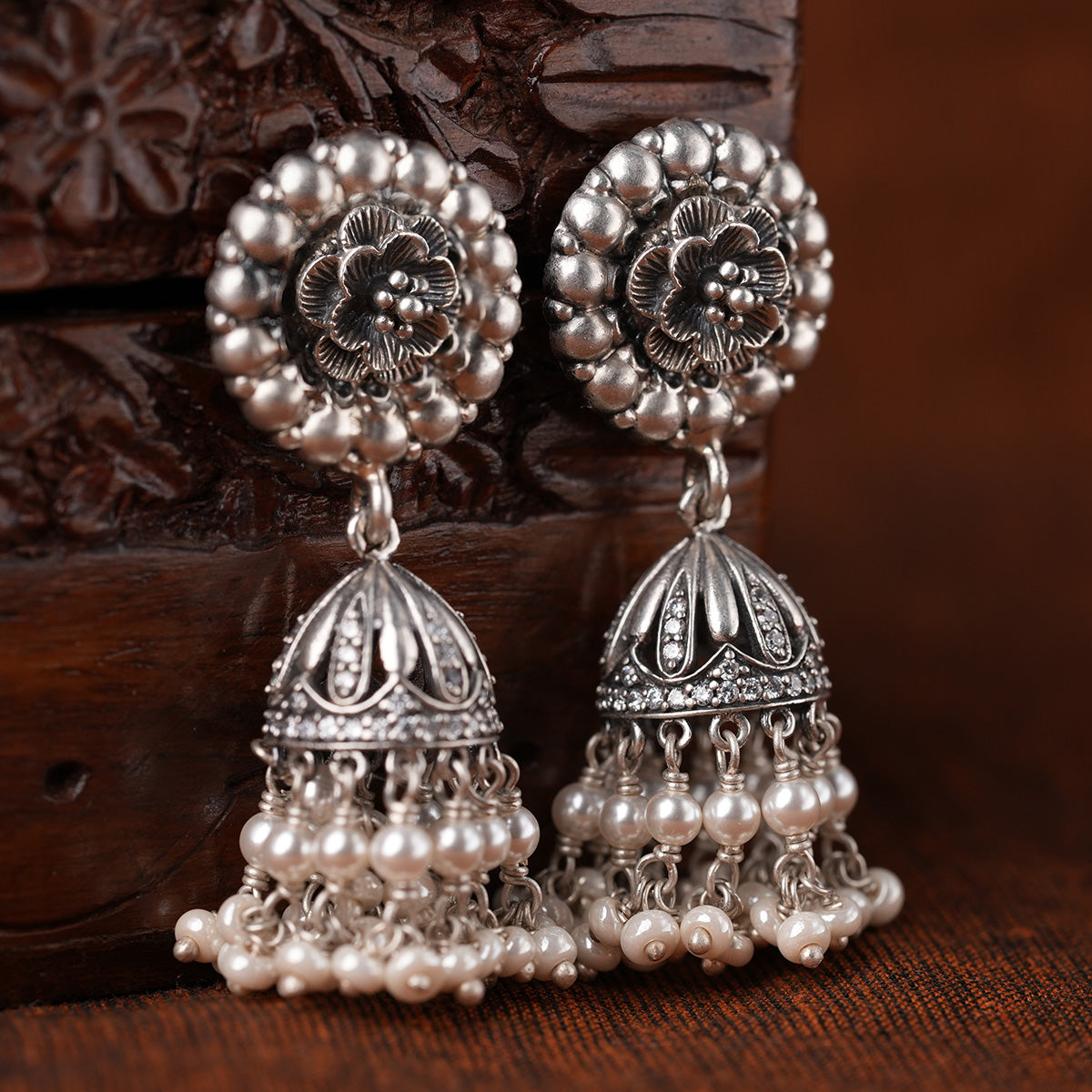 Meenakshi Silver Pearl Jhumka by MOHA