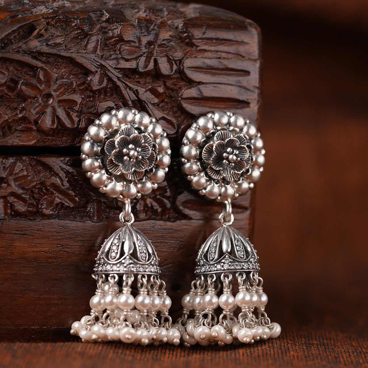 Meenakshi Silver Pearl Jhumka by MOHA