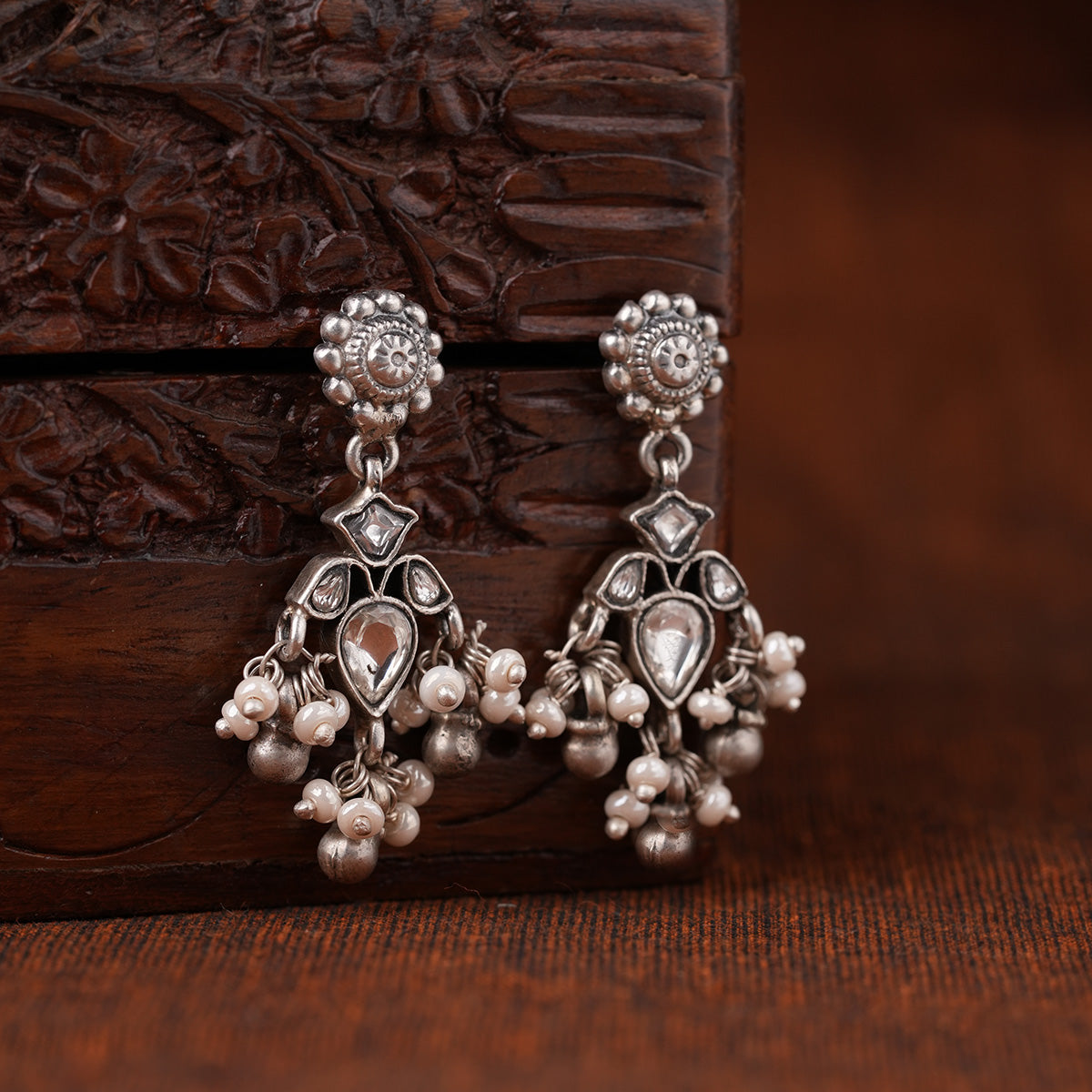 Trikon Silver Pearl Jhumki by MOHA