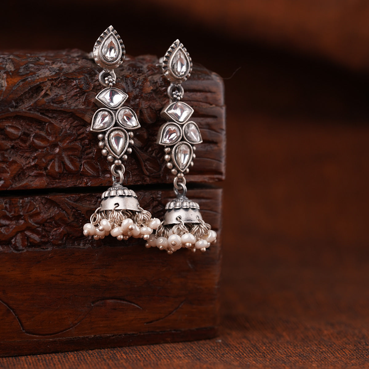 sitara moti silver jhumar earrings by moha