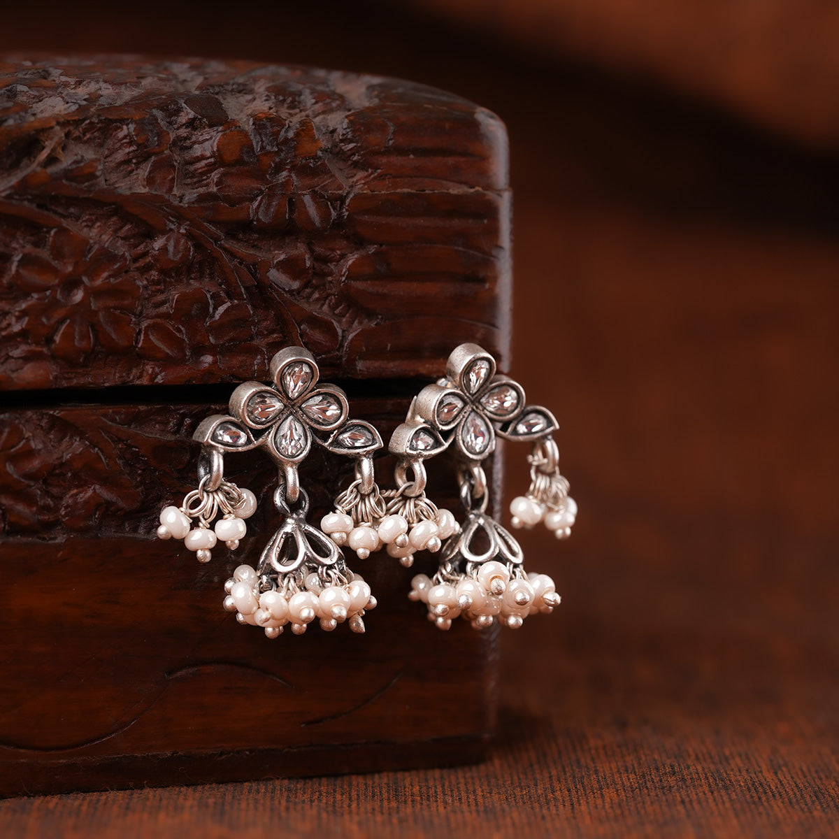 Vriksha Pearl Silver Jhumki by MOHA