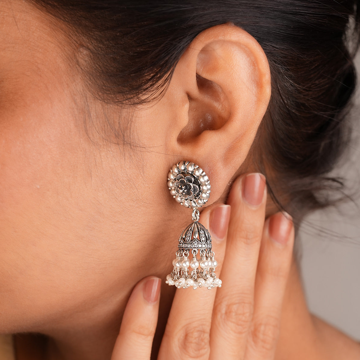 Meenakshi Silver Pearl Jhumka by MOHA