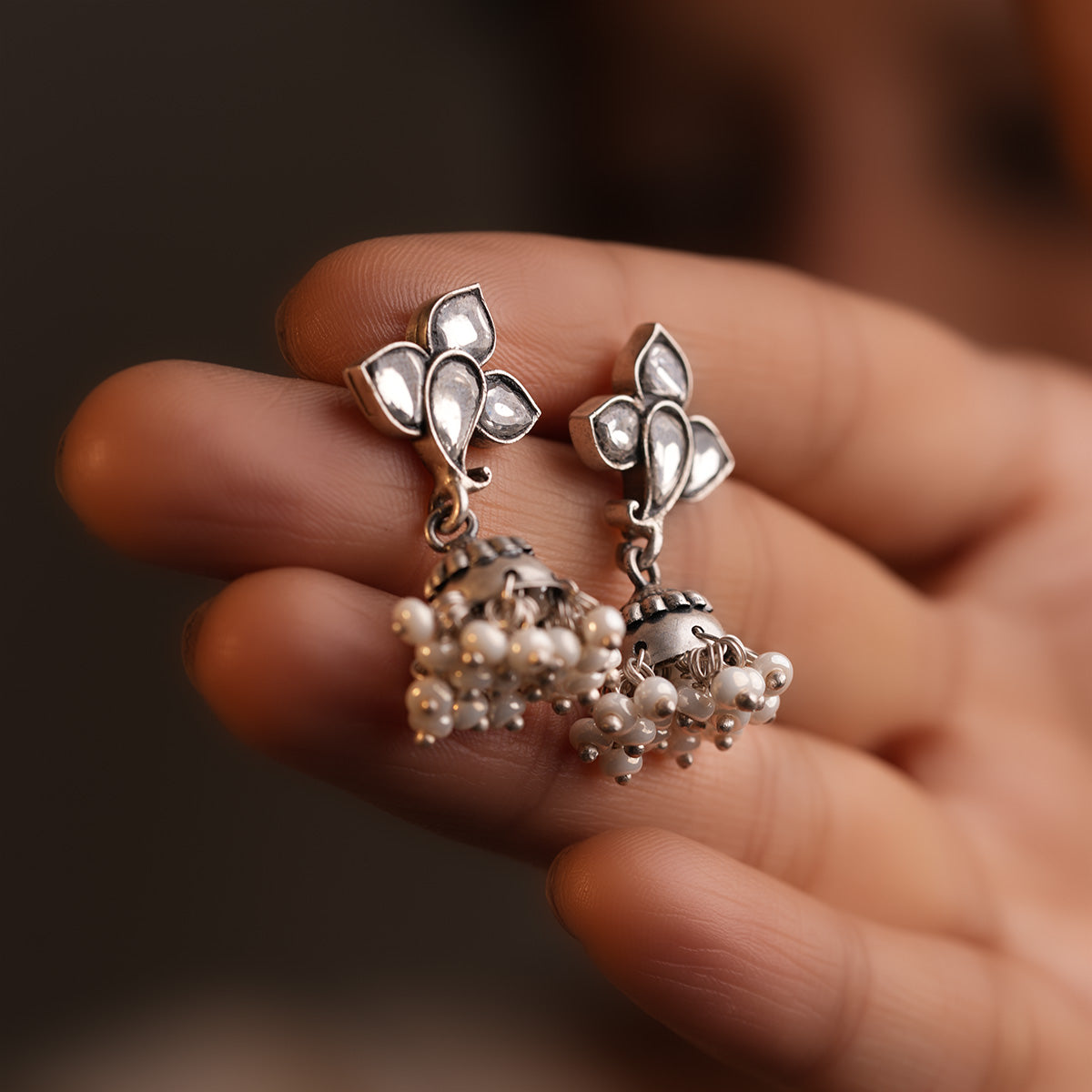 Trinity Pearl Silver Jhumki by MOHA