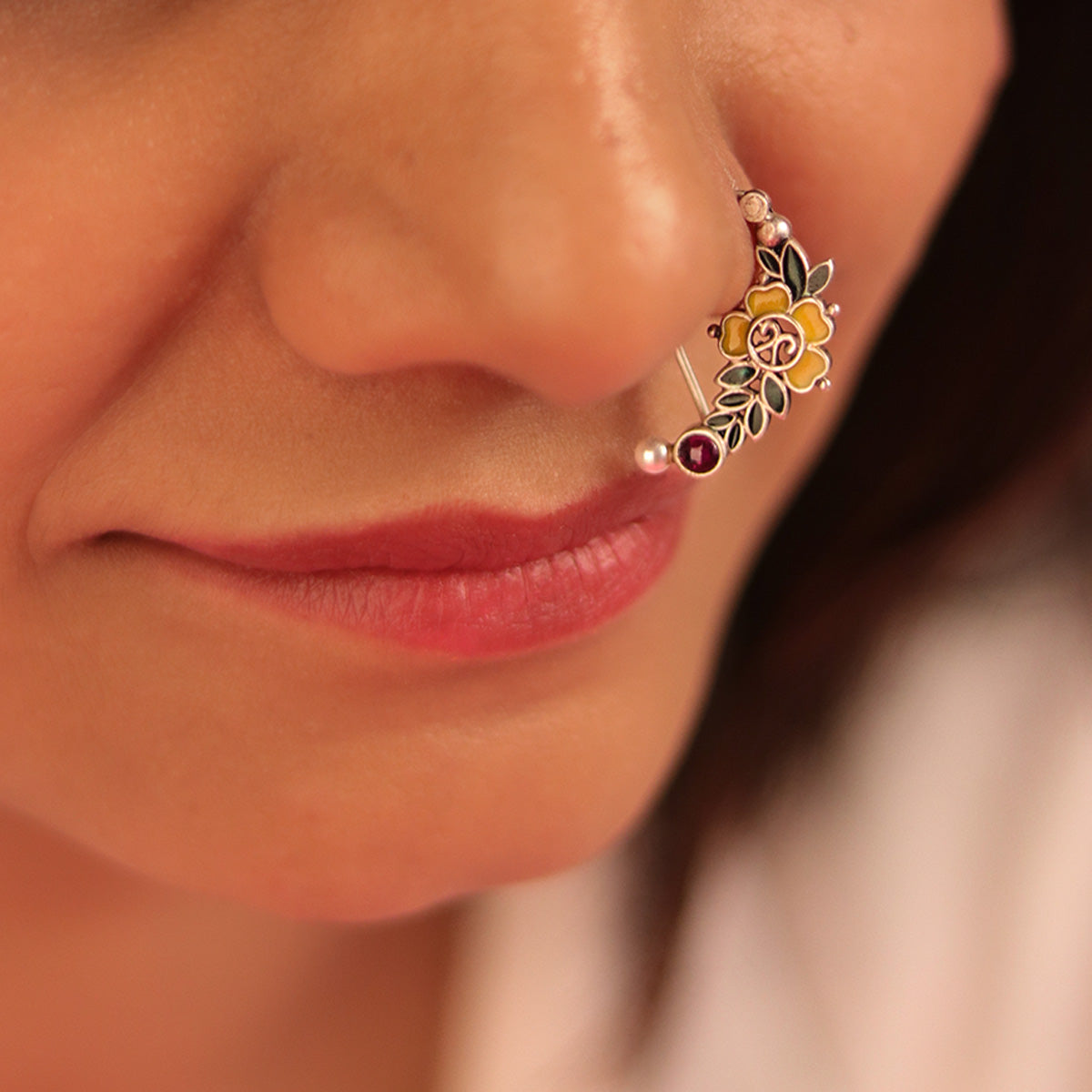 floral silver nath pierced left by moha