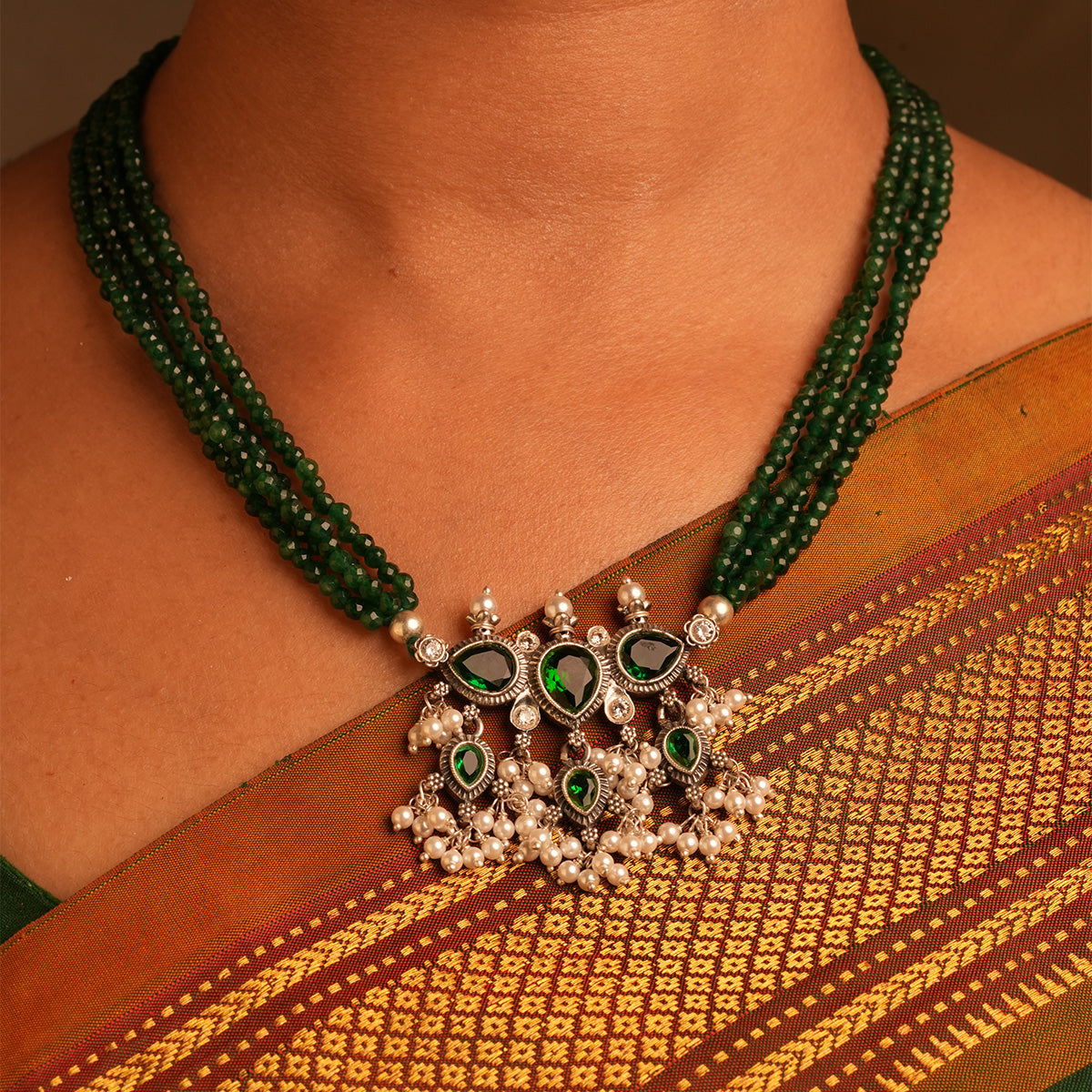 Maharashtrian Tanmani Silver Necklace (Green-Green) by Moha