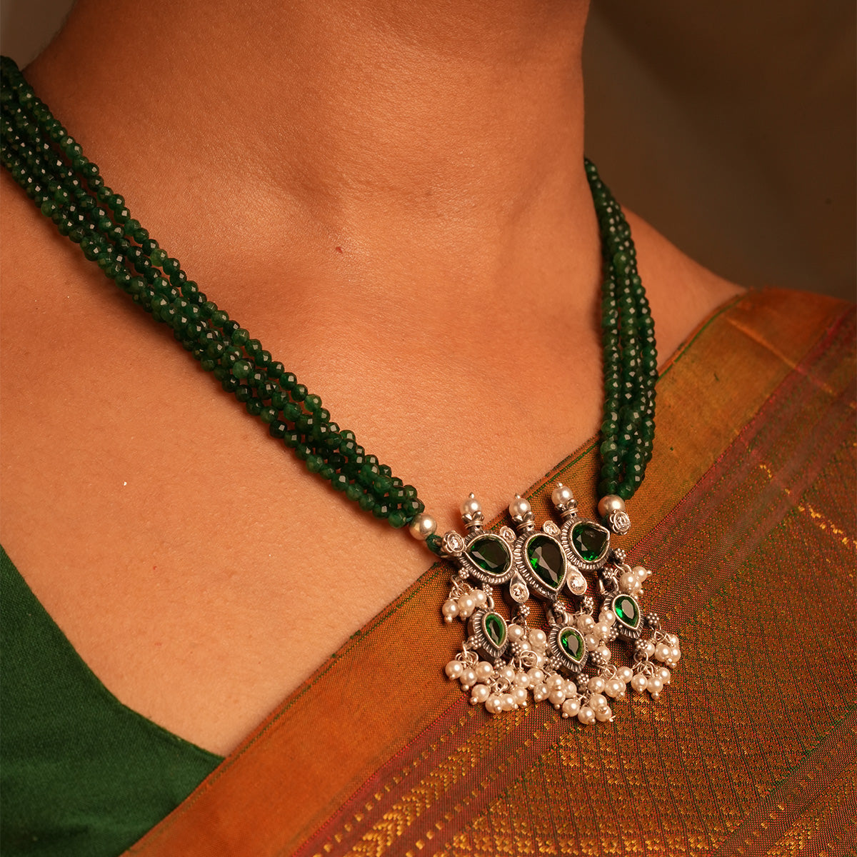 Maharashtrian Tanmani Silver Necklace (Green-Green) by Moha