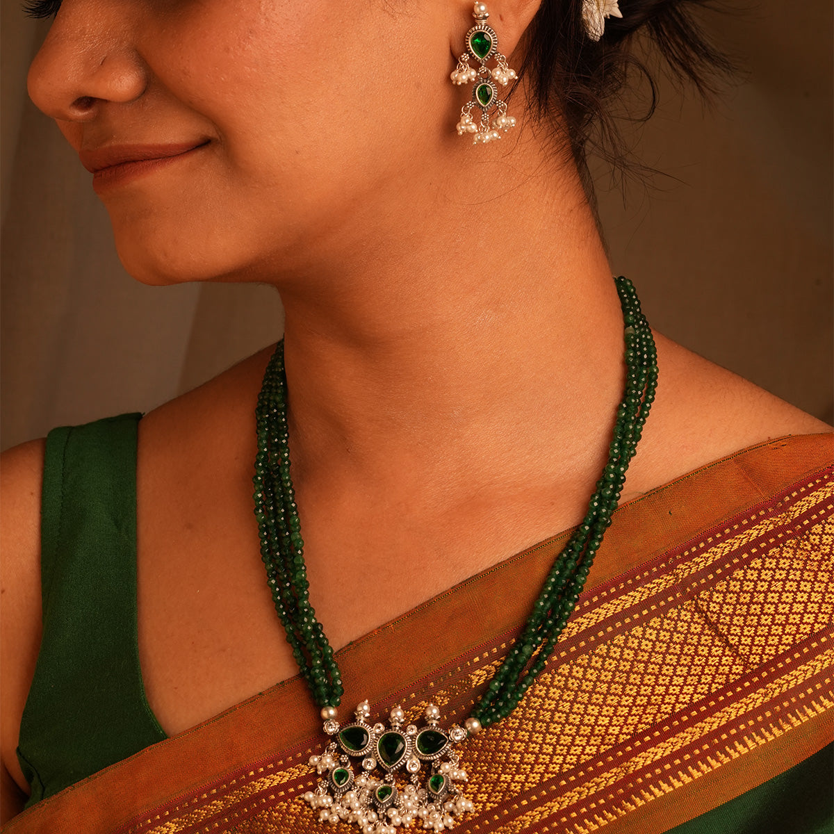 Maharashtrian Tanmani Silver Necklace (Green-Green) by Moha