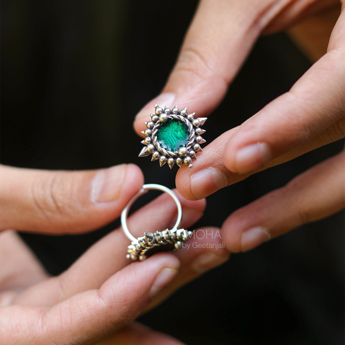 Green Meena Silver Toe Rings by MOHA