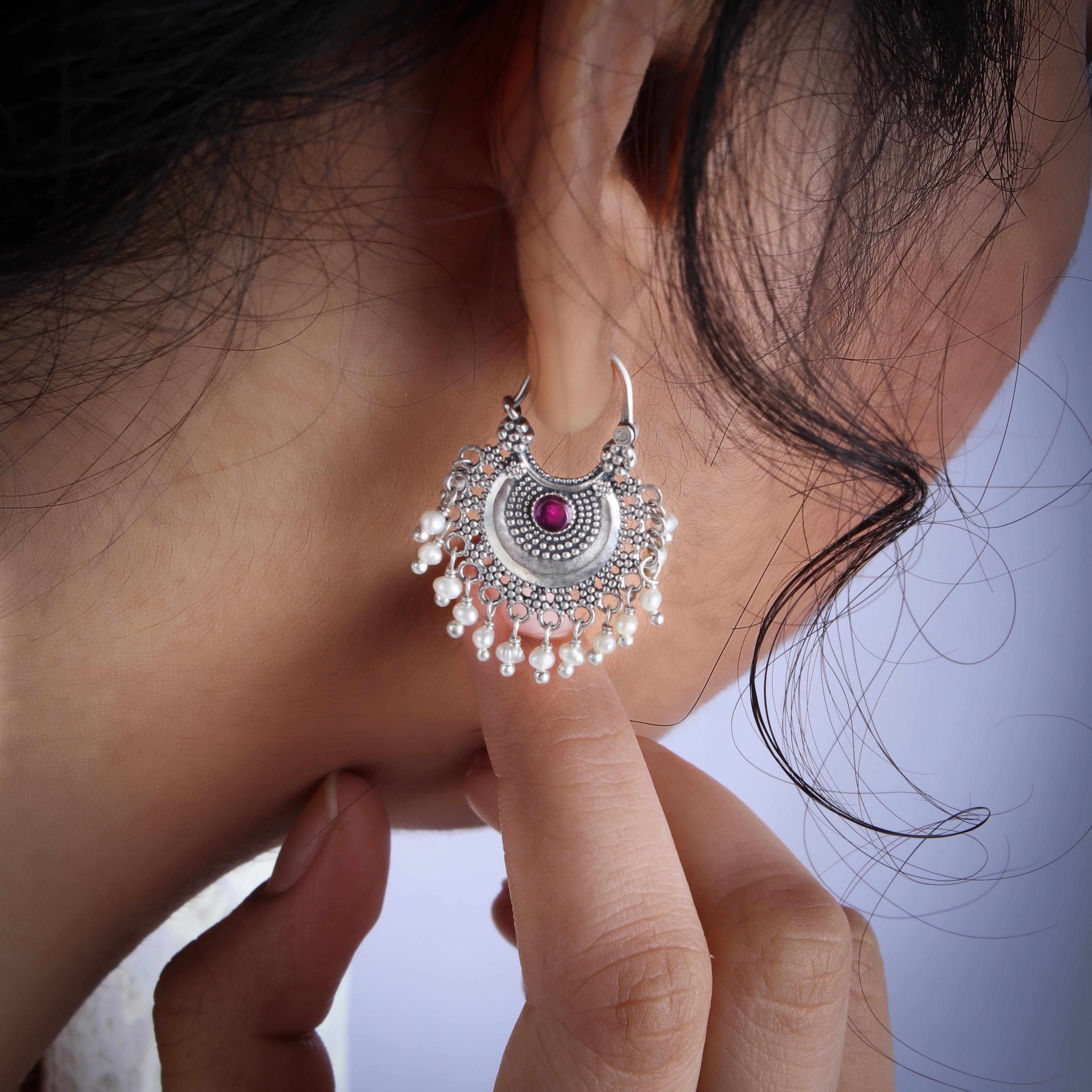 Chandbali Silver Bugadi/ Earrings (Pair, Pink) By Moha