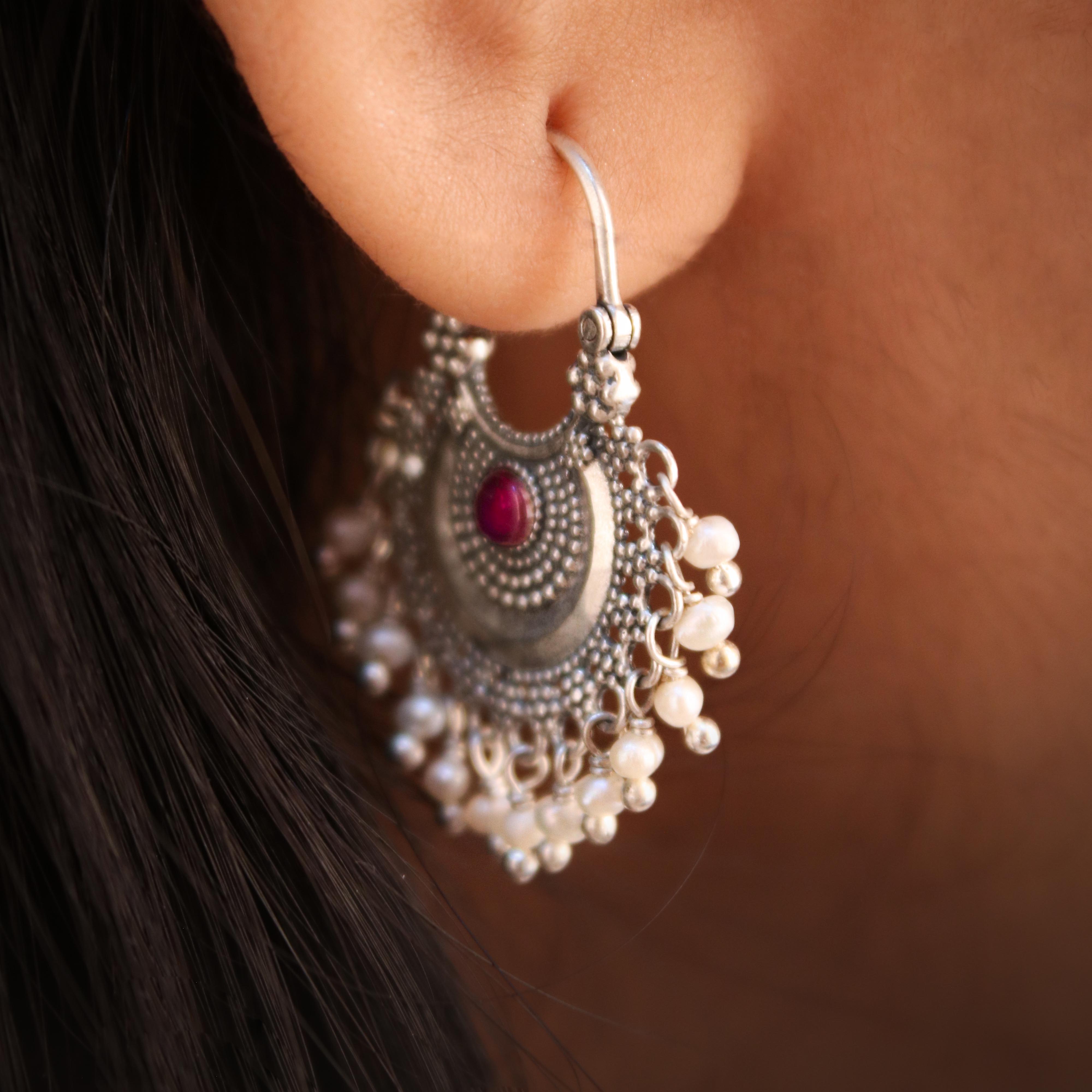 CHAND-BALI SILVER BUGADI PIERCED (REVERSIBLE, PAIR) BY MOHA - (PINK)