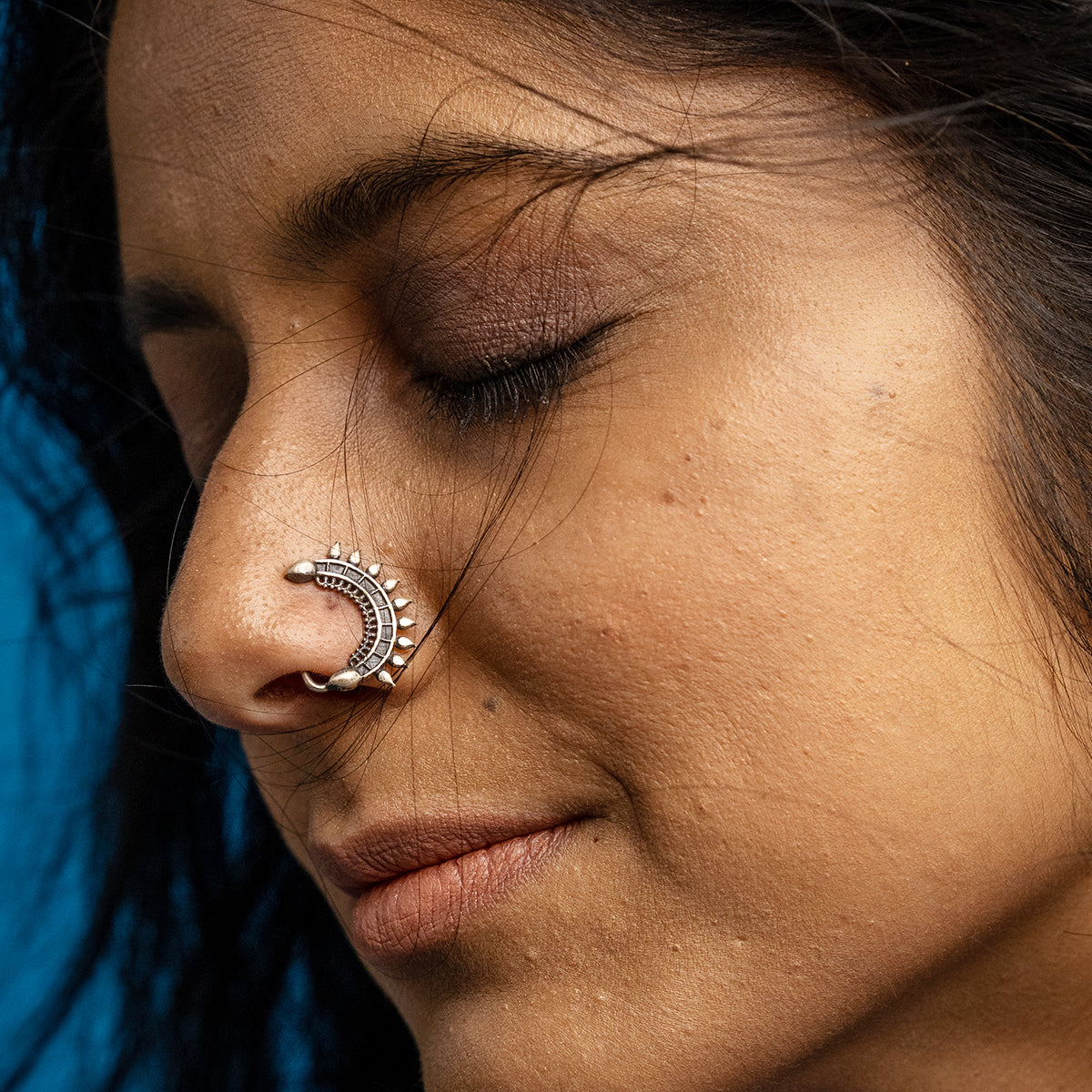 Isha Silver Nath/Nose Ring - Black, Clip On Right by Moha