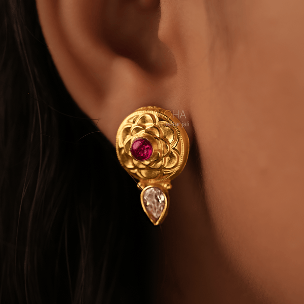Saaj Gulab Silver Stud (Gold Plated) Earrings by MOHA