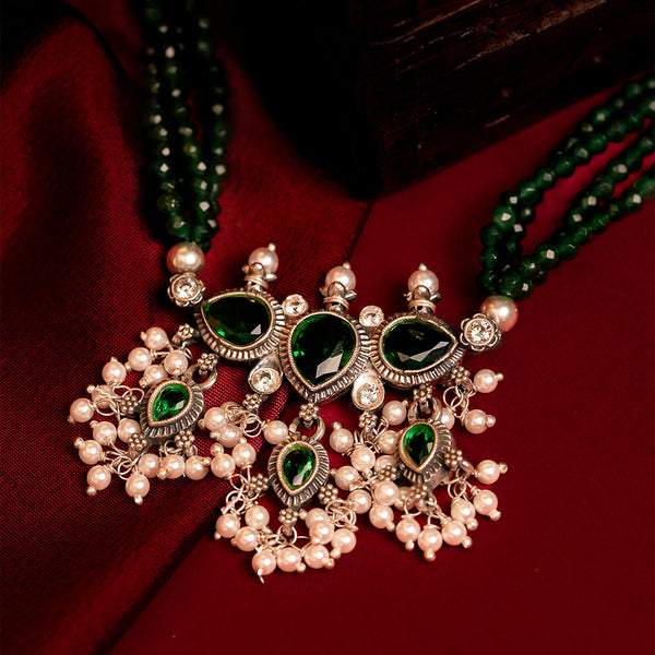 Maharashtrian Tanmani Silver Necklace (Green-Green) by Moha