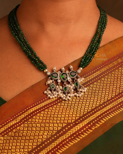 Maharashtrian Tanmani Silver Necklace (Green-Green) by Moha
