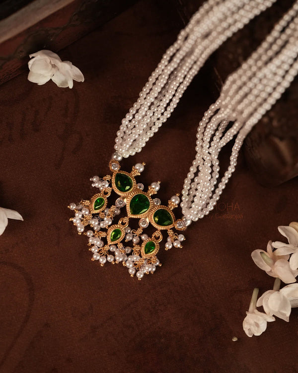 Maharashtrian Tanmani Silver Necklace (Green) Gold Plated by Moha