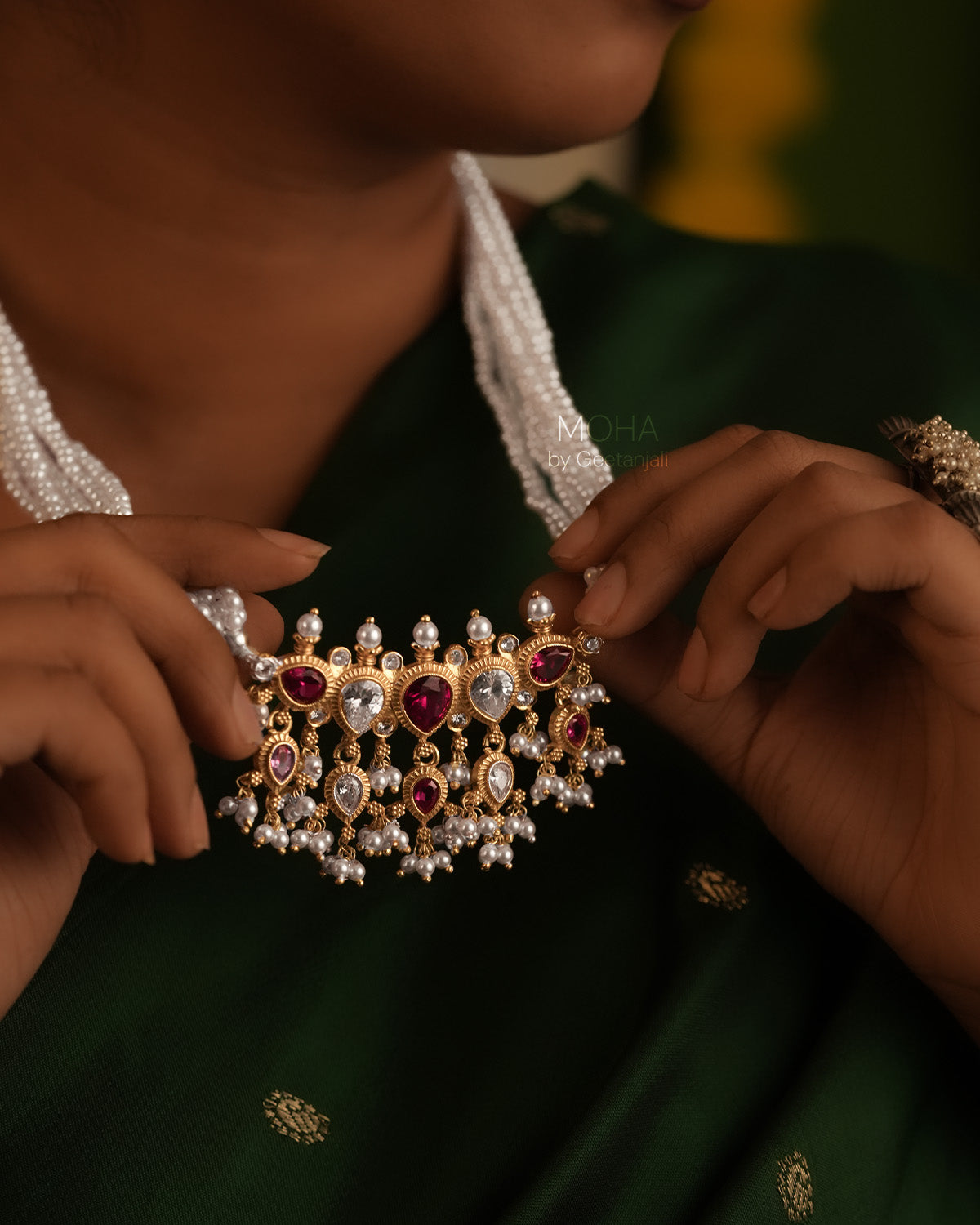 Maharashtrian Tanmani Silver Necklace (Pink & White) Gold Plated by Moha