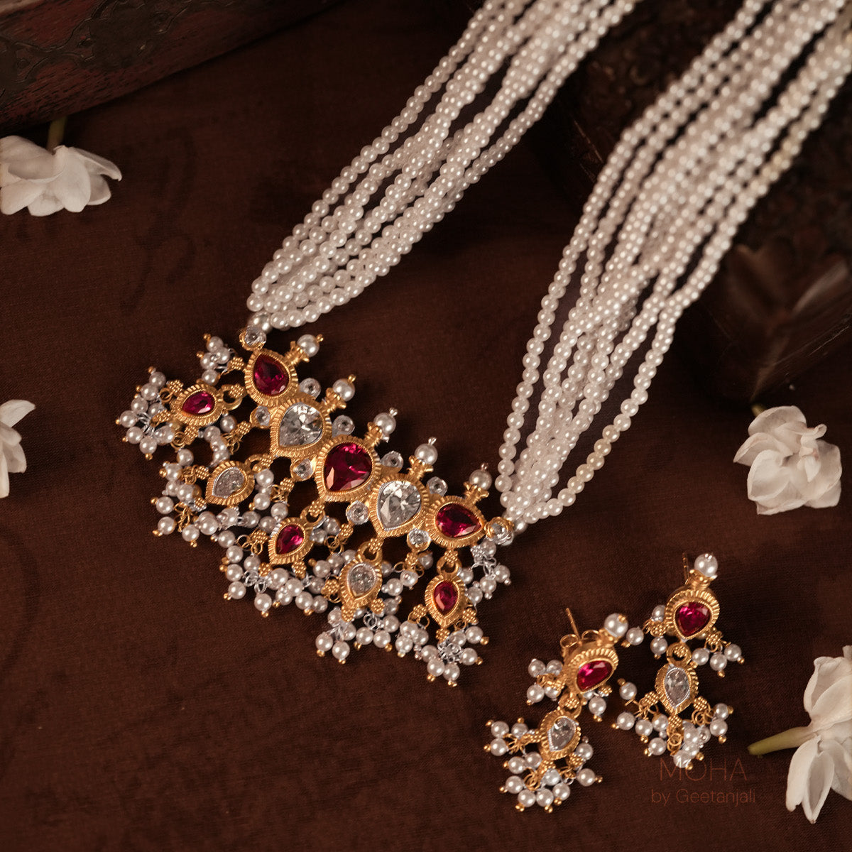 Maharashtrian Tanmani Silver Necklace (Pink & White) Gold Plated by Moha