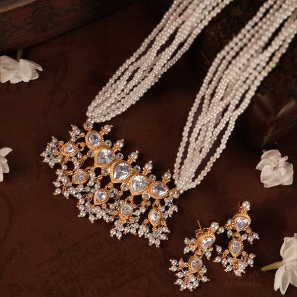 Maharashtrian Tanmani Silver Necklace (Pink & White) Gold Plated by Moha