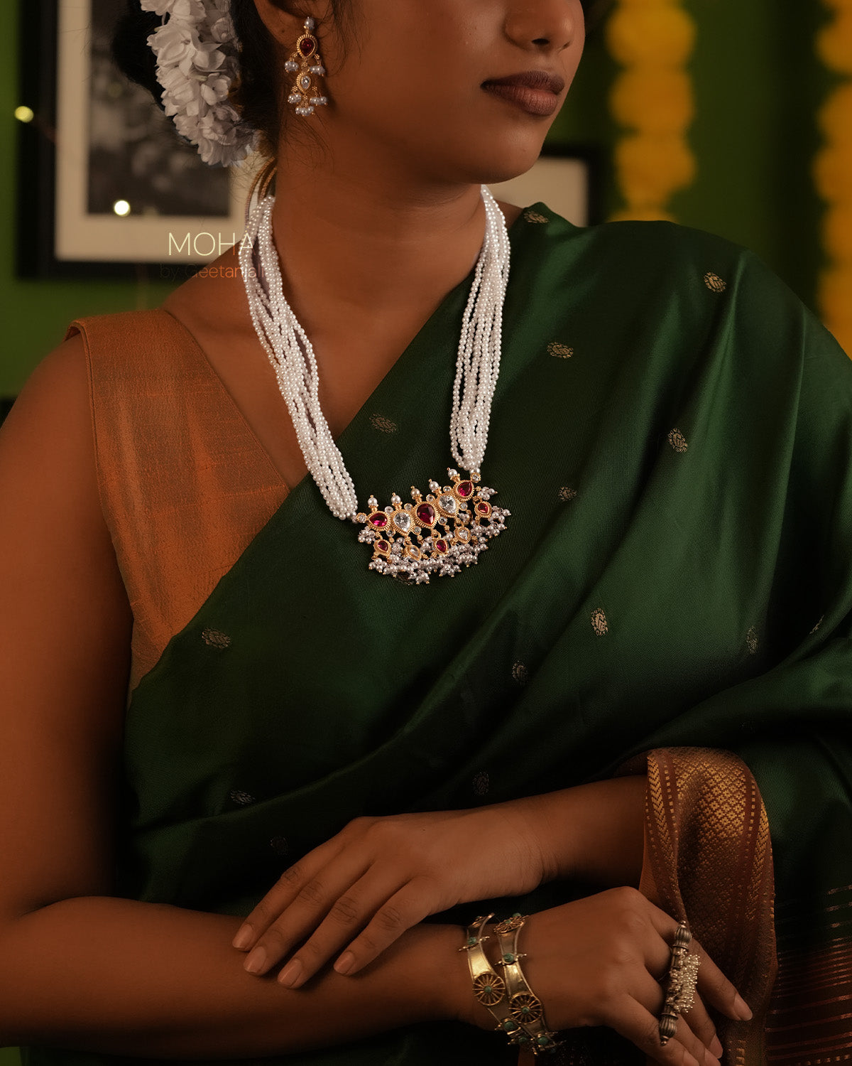 Maharashtrian Tanmani Silver Necklace (Pink & White) Gold Plated by Moha