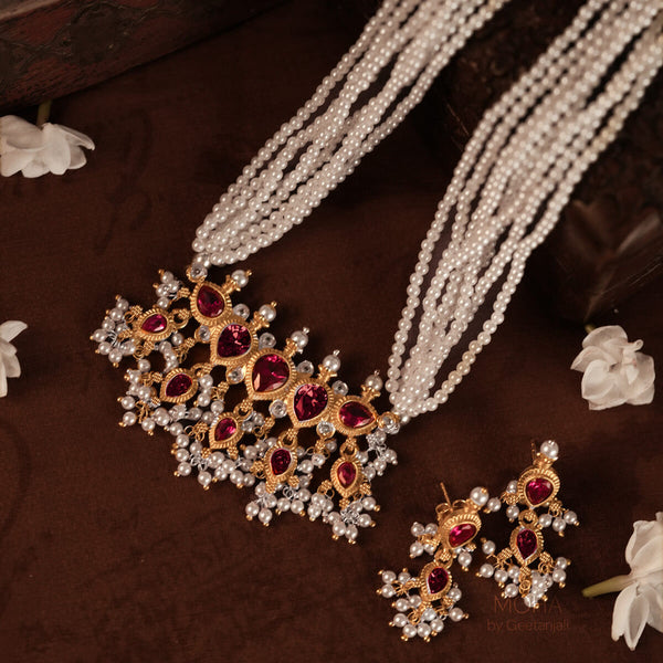 Maharashtrian Tanmani Silver Necklace (Pink) Gold Plated by MOHA