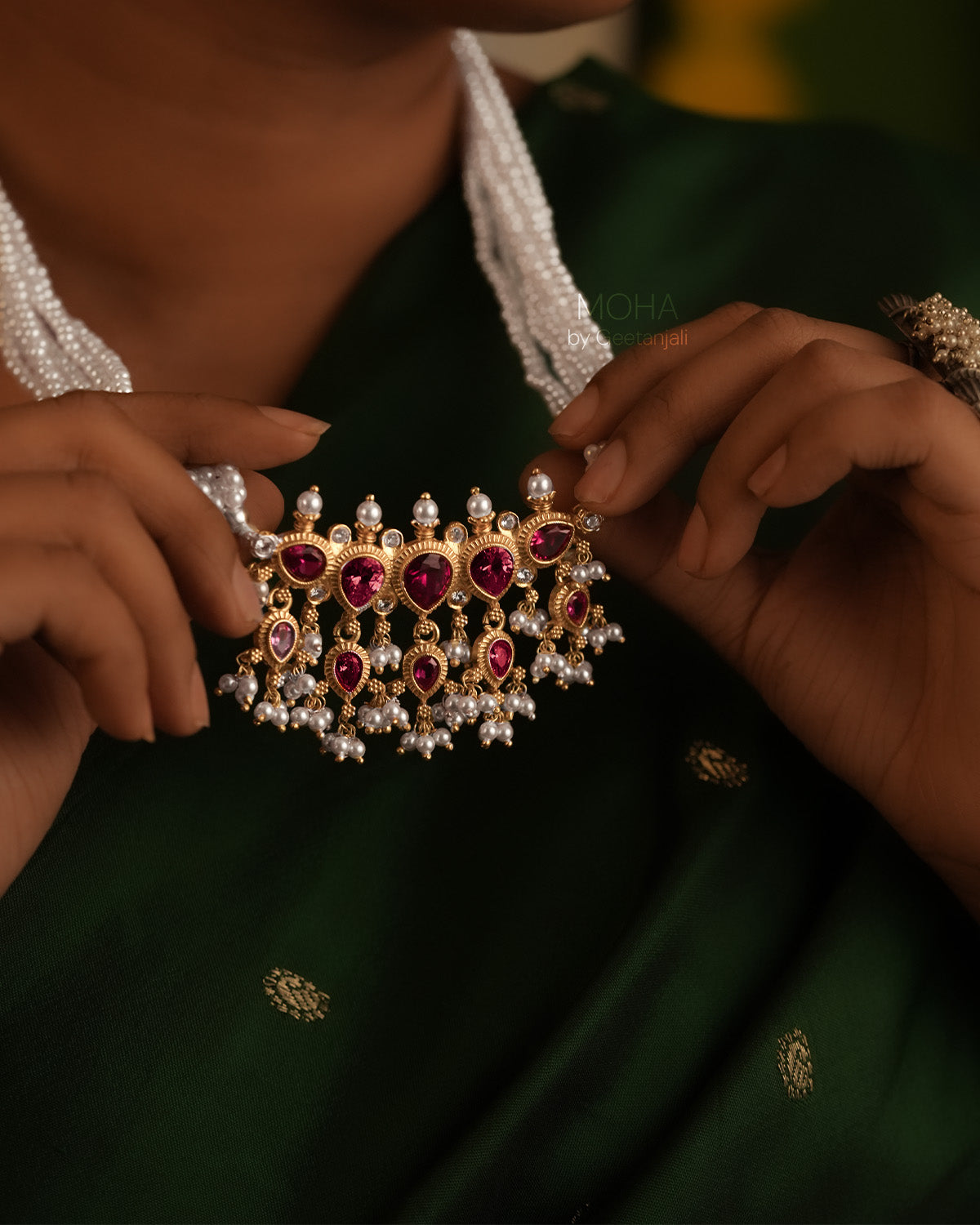 Maharashtrian Tanmani Silver Necklace (Pink) Gold Plated