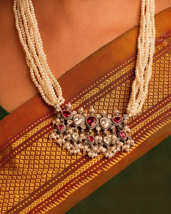 Maharashtrian Tanmani Silver Necklace (Pink & White) by Moha
