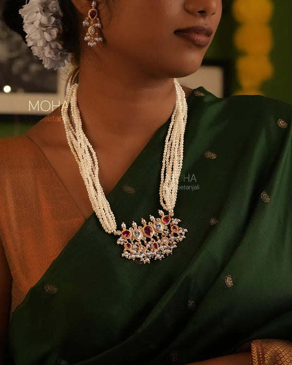 Maharashtrian Tanmani Silver Necklace (Pink & White) Gold Plated by Moha