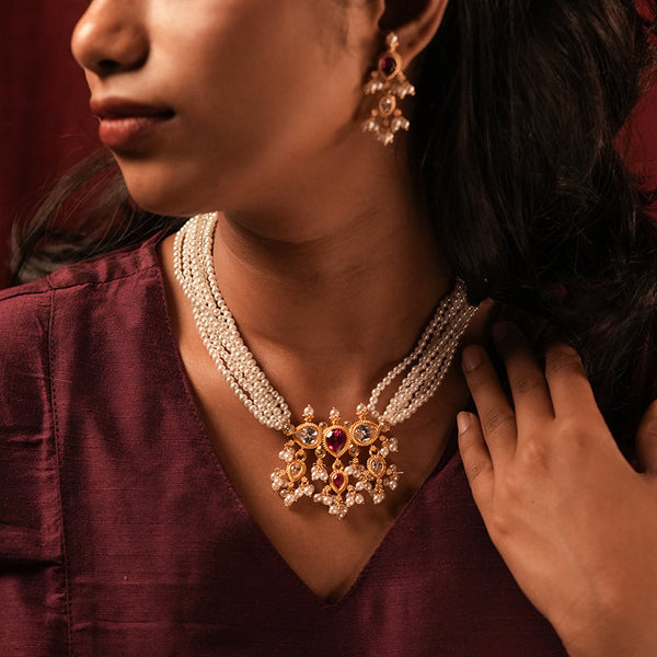 Maharashtrian Tanmani Silver Necklace (Pink & White stones) Gold Plated by Moha