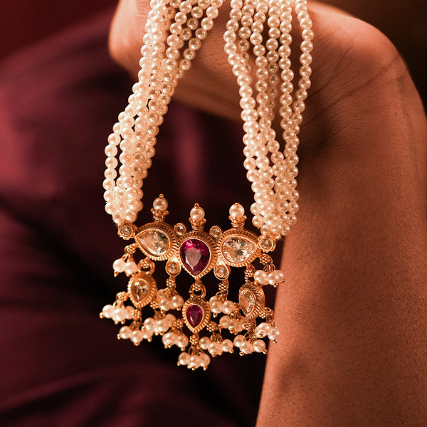 Buy Maharashtrian Tanmani Silver Necklace (Pink White stones