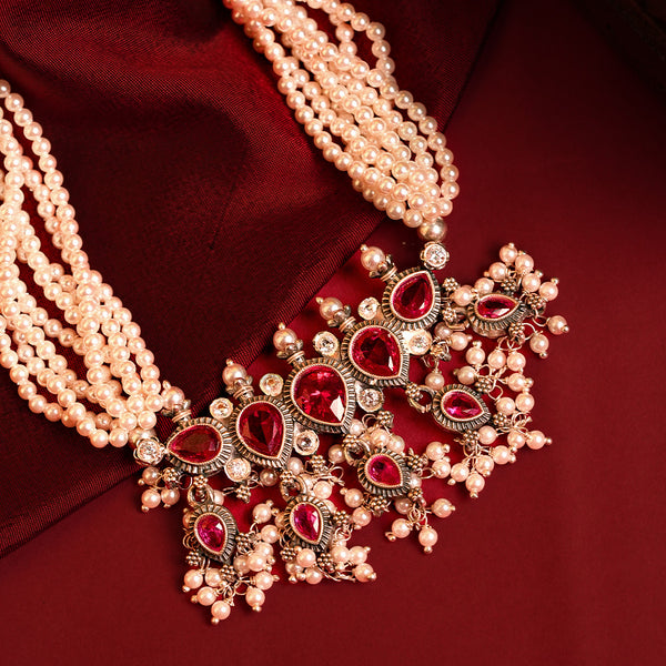 Maharashtrian Tanmani Silver Necklace (Pink) by Moha