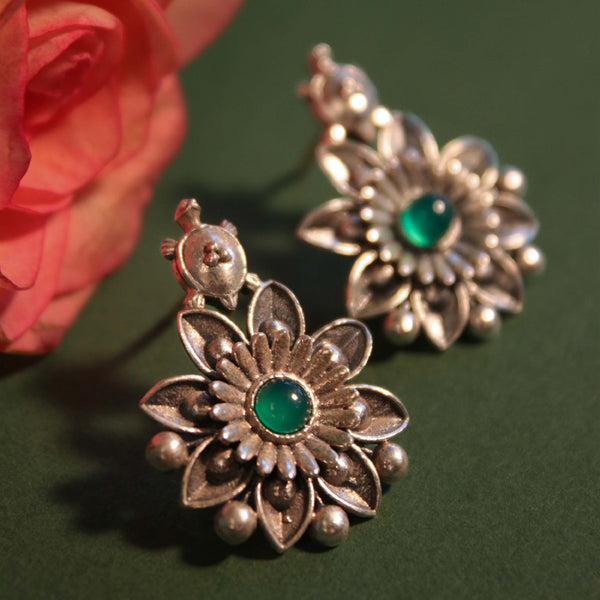 Mallika Kurma Silver Stud With Green Stone Earrings by MOHA